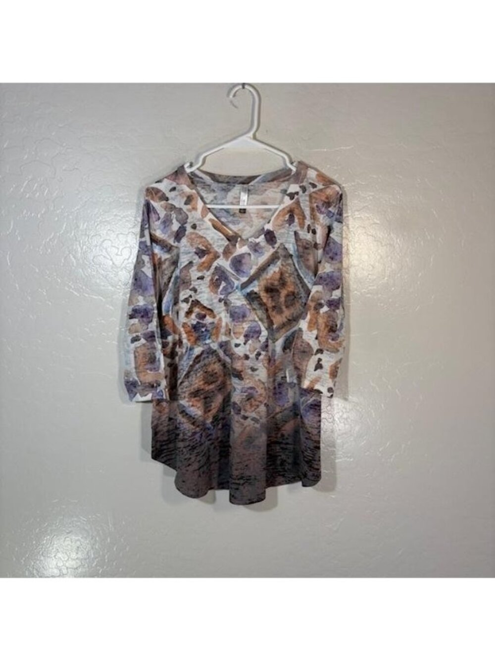 Whimsy Rose Tunic Shirt Womens Large Multicolor Geometric V Neck 3/4 Sleeve Top
